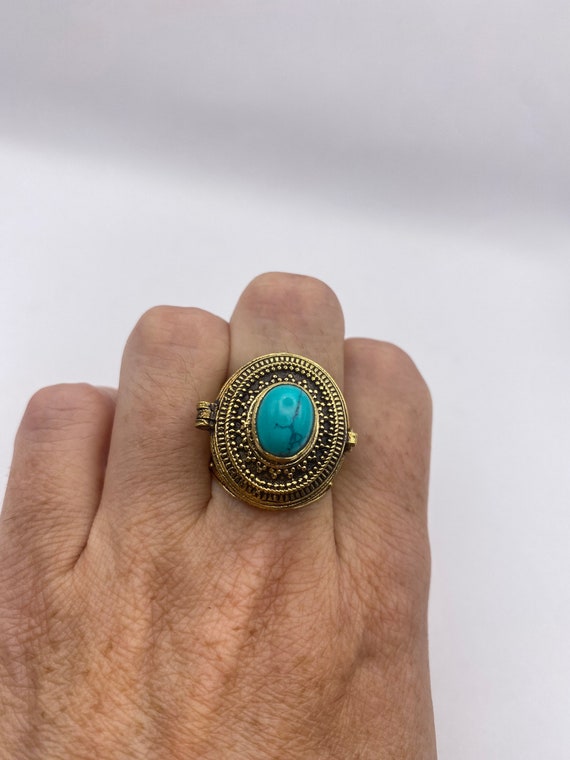 Vintage Turquoise Brass Poison Pillbox Ring - image 4