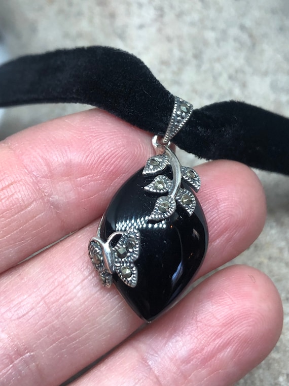 Collier Art Déco En Argent 925 - Pendentif Croix Avec Onyx Et Marcassites - Chaîne Incluse