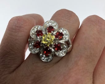 Vintage Genuine Red Bohemian Garnet 925 Sterling Silver Flower Ring