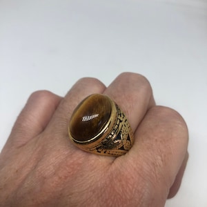 Vintage Gothic Golden Stainless Steel Genuine Tigers Eye Mens Ring