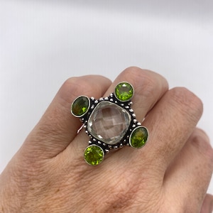 Vintage Clear Quartz Green Peridot Cocktail Ring