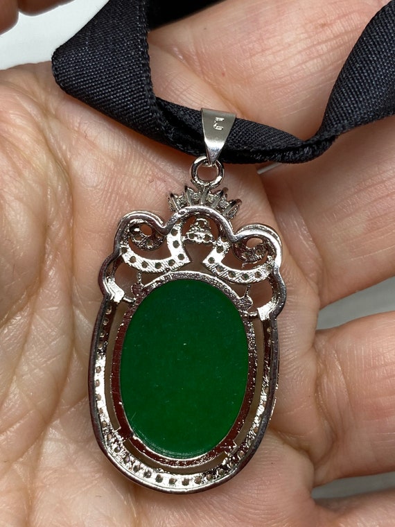 Vintage Green Jade Choker  Silver Finish Necklace… - image 5