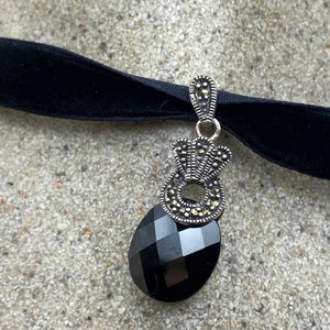 Vintage Marcasite Choker 925 Sterling Silver Black Onyx Pendant Necklace