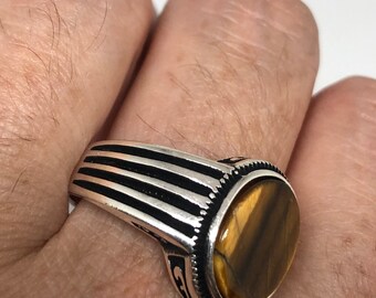 Vintage 1970 Gothic Sterling Silver Genuine Tigers Eye Mens