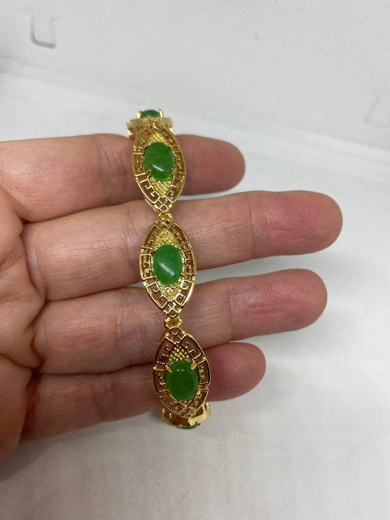 Vintage Green Jade Bracelet Golden White Bronze - image 3