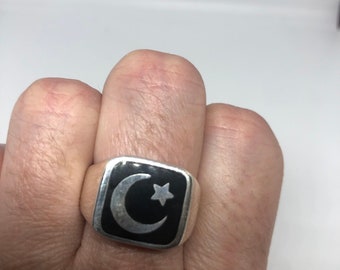 Crescent Moon and Star 925 Sterling Silver Ring Vintage