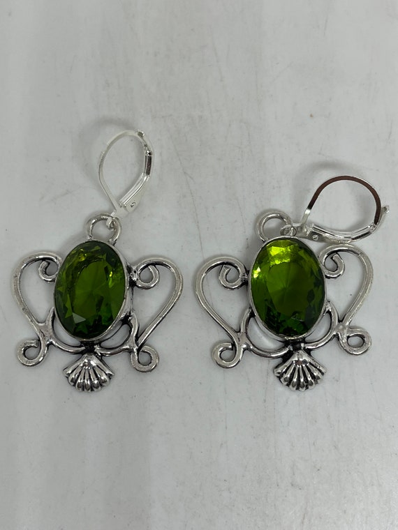 Antique Vintage Green Peridot Silver Dangle Earri… - image 6