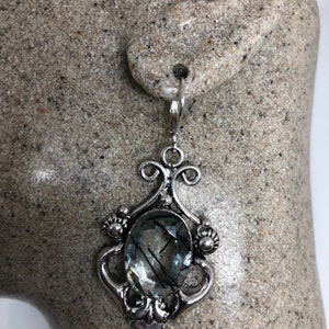 Antique Vintage Faux Black Rutile Glass Silver Dangle Earrings