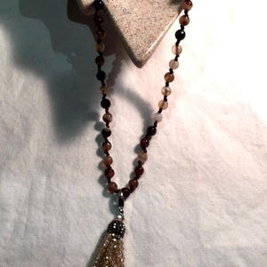 Handmade Brown Striped Onyx and Crystal Tassel Necklace