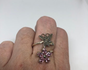 Vintage Handmade Genuine Swiss Marcasite Setting 925 Sterling Silver Gothic Pink CZ Ring
