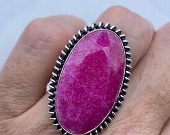 Vintage Raw Pink Ruby Silver Boho Cocktail Ring