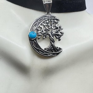 Vintage turquoise Silver Stainless Steel moon and tree of life Choker Necklace