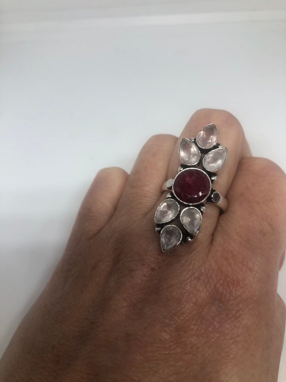 Vintage Genuine Rose Quartz Ruby Ring Silver Stat… - image 4
