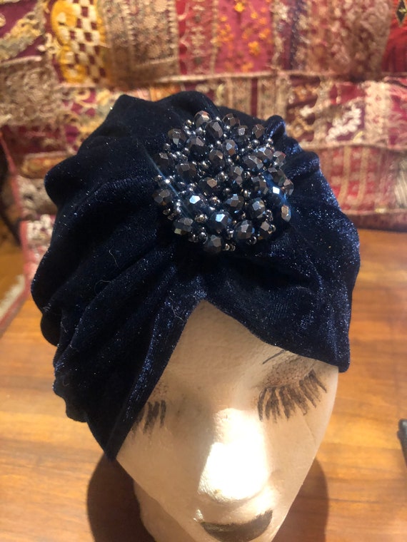 Vintage Blue stretch velvet Deco Turban Hat