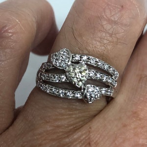Vintage Clear White Sapphire 925 Sterling Silver Cocktail Heart Ring Size 7
