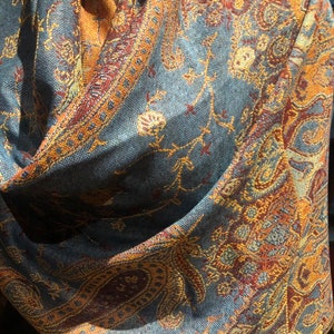 Blue Orange Vintage Paisley Brocade Pashmina Scarf Wrap Shawl image 3