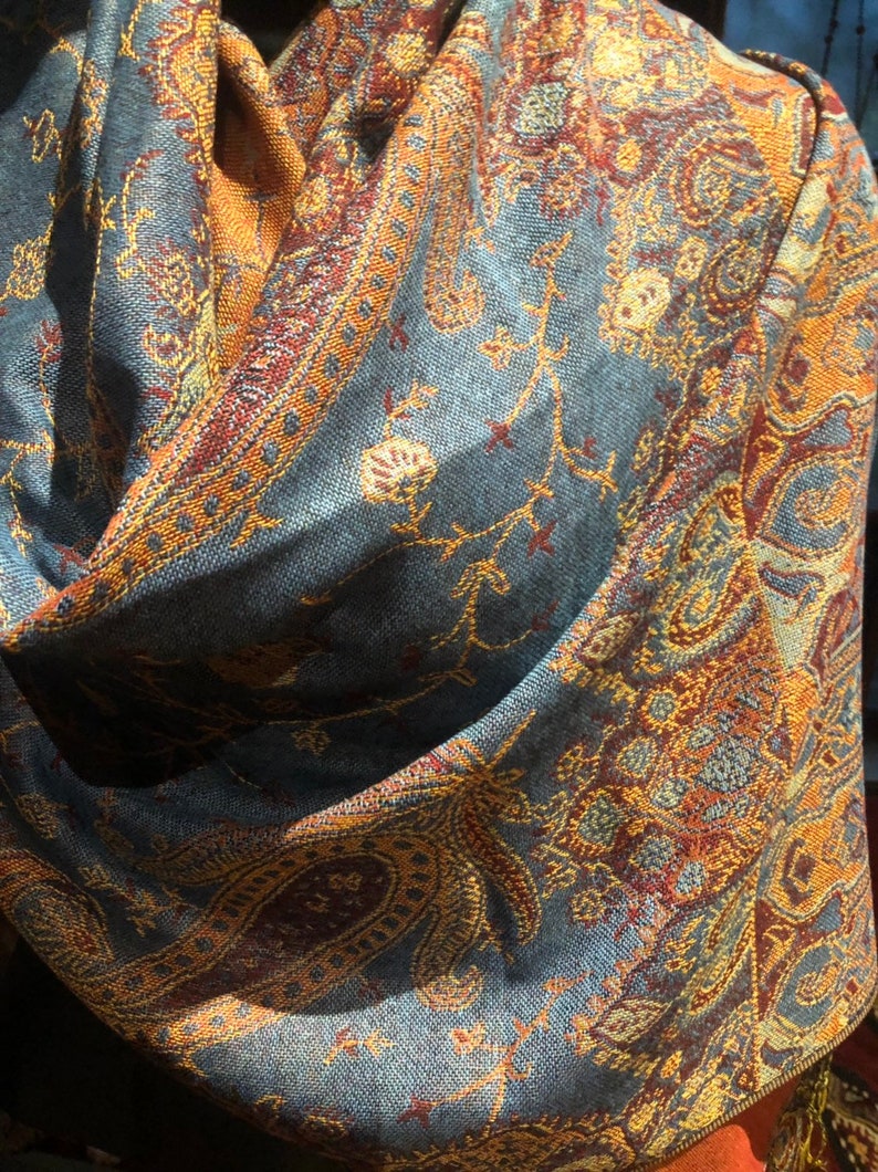 Blue Orange Vintage Paisley Brocade Pashmina Scarf Wrap Shawl image 3