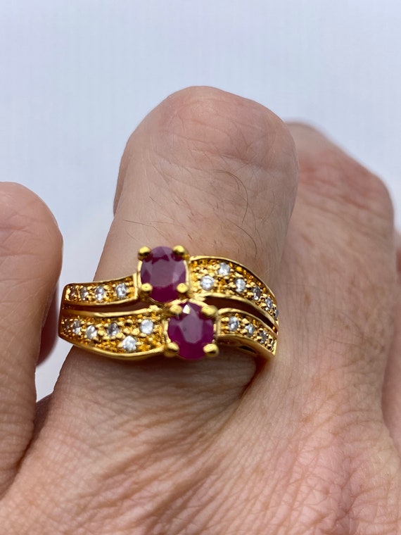 Vintage Red Ruby with Diamond Ring Golden 925 Ste… - image 1