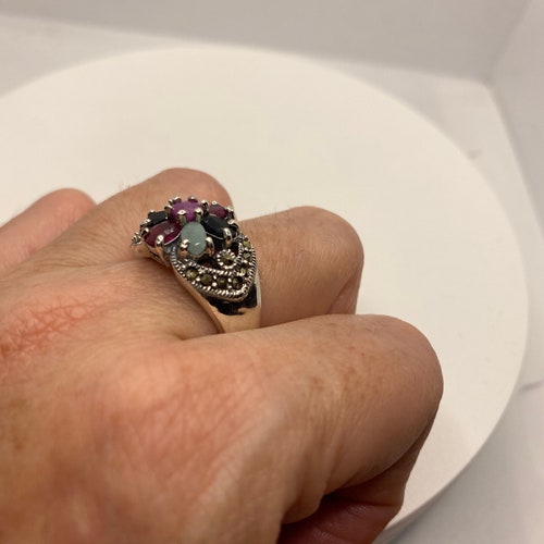 Shops Vintage Emerald, Ruby, Sapphire Marcasite 925 Sterling Silver Cocktail Ring