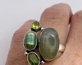 Vintage Green Pearl Peridot Jade Cocktail Ring