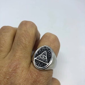 Vintage Gothic Silver Stainless Steel Illuminati Eye Pyramid Mens Ring