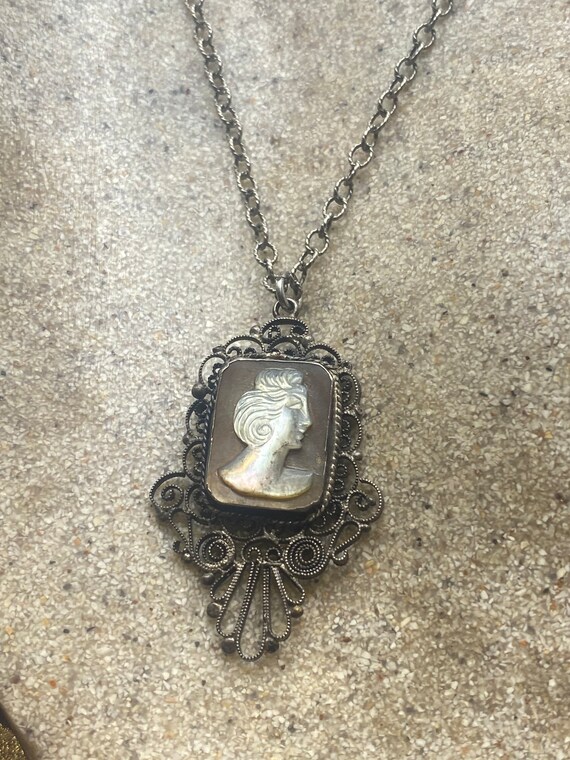 Vintage Mother of Pearl Cameo Sterling Silver Nec… - image 2