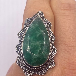 Vintage Green Raw Emerald Silver Bronze Statement Boho Ring