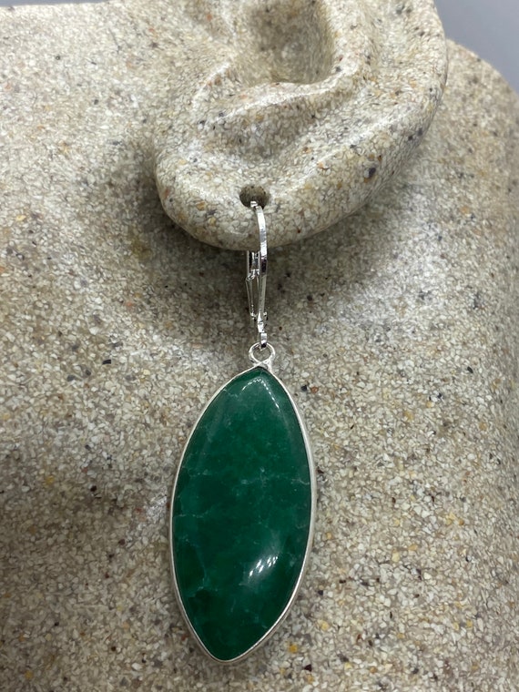 Antique Vintage Green Chrysoprase Silver Dangle E… - image 1