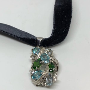 Vintage Echte Tief Blau Topas und Chrom Diopsid 925 Sterling Silber Halskette Anhänger