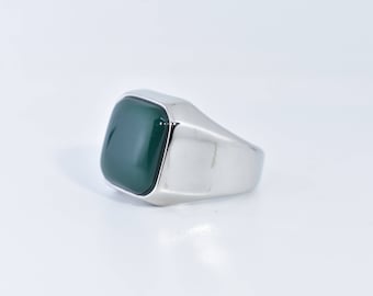 Vintage Silver Stainless Steel Genuine Green Onyx Mens Ring