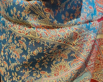 Vintage Blue Gold Paisley Brocade Pashmina Scarf Wrap Shawl