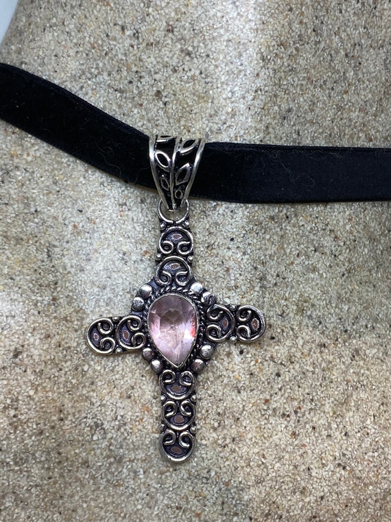 Vintage Handmade Silver Finish Rose Quartz Cross … - image 1