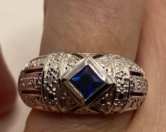 Vintage Blue Sapphire 925 Sterling Silver Ring Size 7