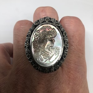 Antique White Mother of Pearl cameo Marcasite Filigree Ring
