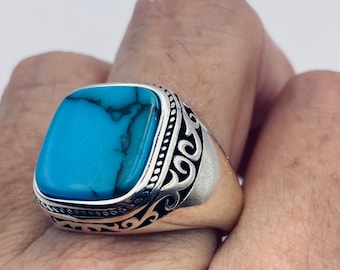 Vintage Turquoise Howlite Mens Ring in 925 Sterling Silver