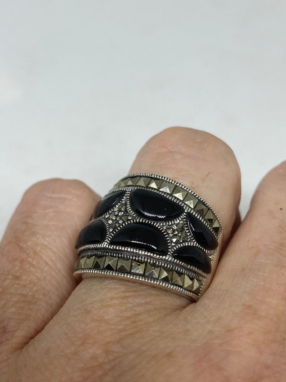 Vintage Genuine Black Onyx Silver Marcasite Ring - image 3