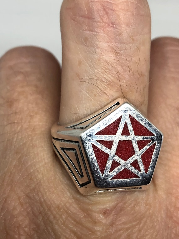 Vintage Gothic Red  Pentacle Star Mens Ring