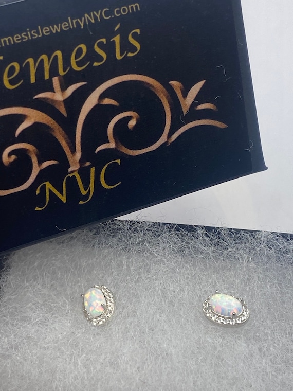 Vintage Opal Earrings 925 Sterling Silver Stud Bu… - image 1