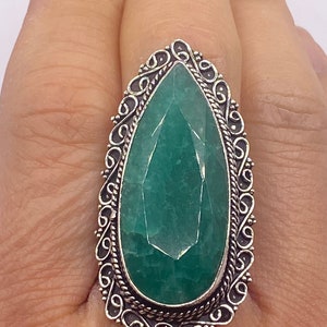 Vintage Green Raw Emerald Silver Bronze Statement Boho Ring