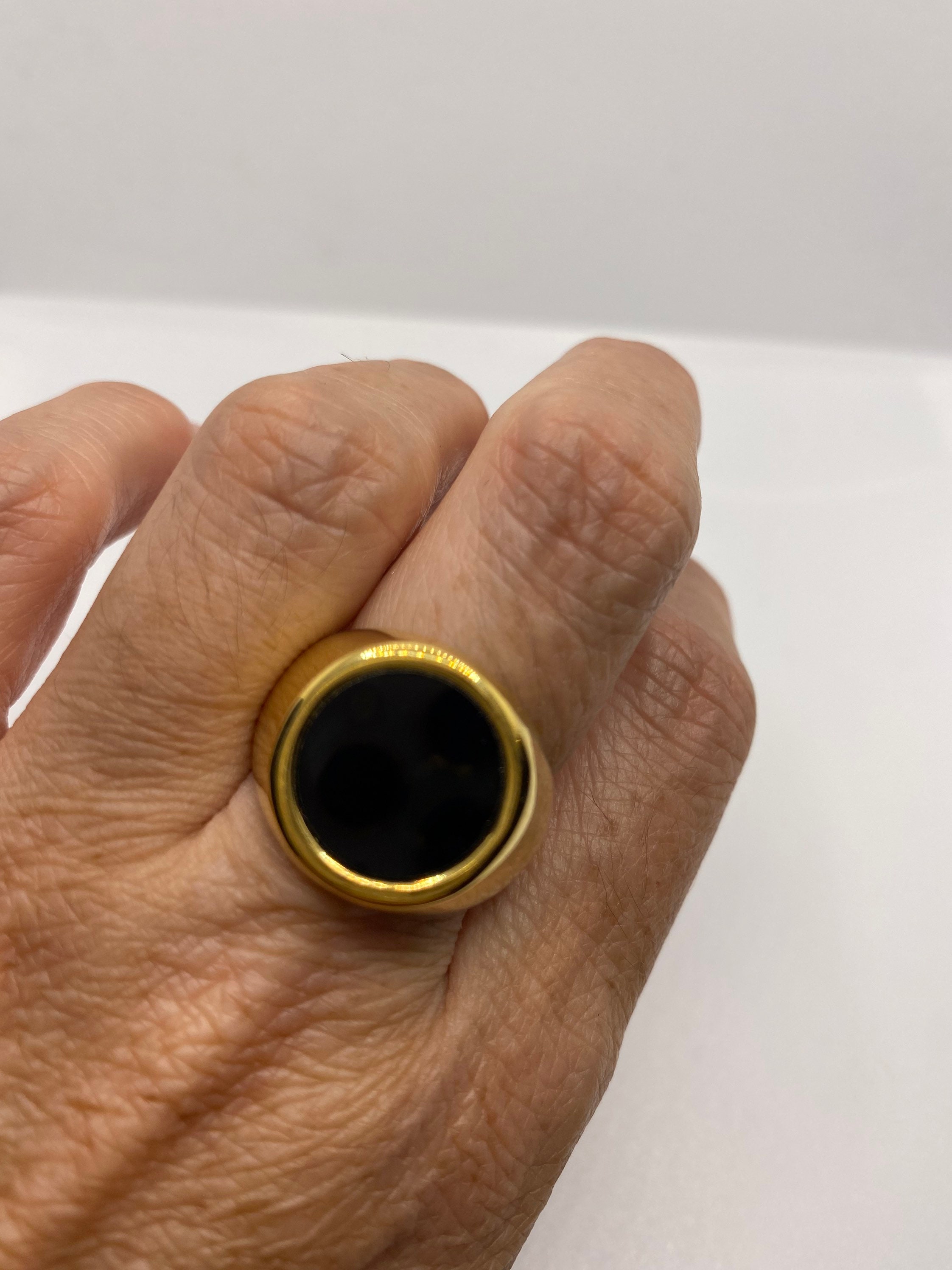 Vintage Black Onyx Golden Stainless Steel Mens Ring 