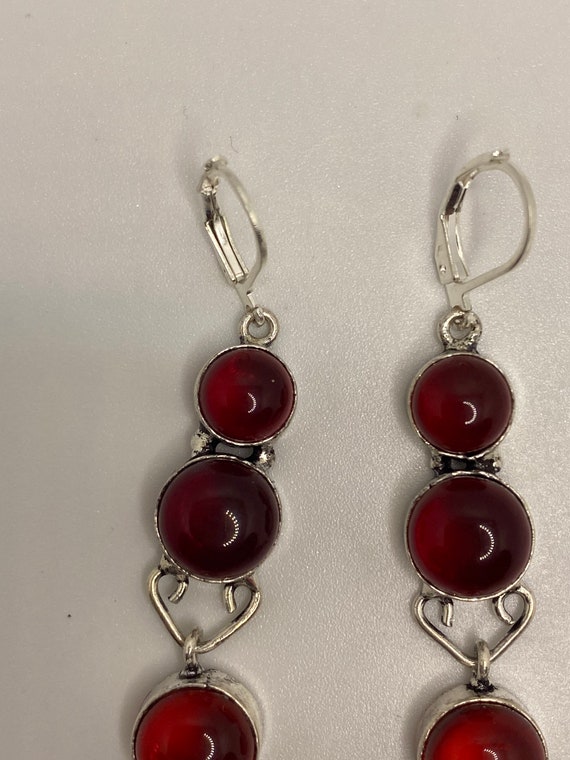 Antique Vintage Red Ruby Glass Silver Dangle Earr… - image 3