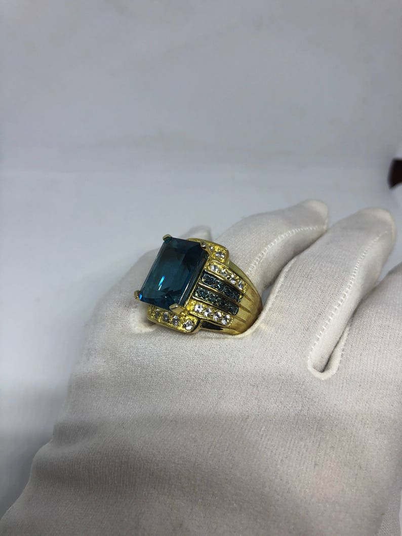Vintage geniune London blue topaz White Sapphire Golden 925 sterling silver Ring