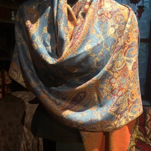 Blue Orange Vintage Paisley Brocade Pashmina Scarf Wrap Shawl image 1