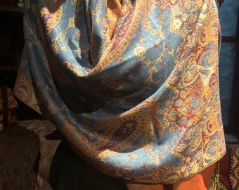 Blue Orange Vintage Paisley Brocade Pashmina Scarf Wrap Shawl