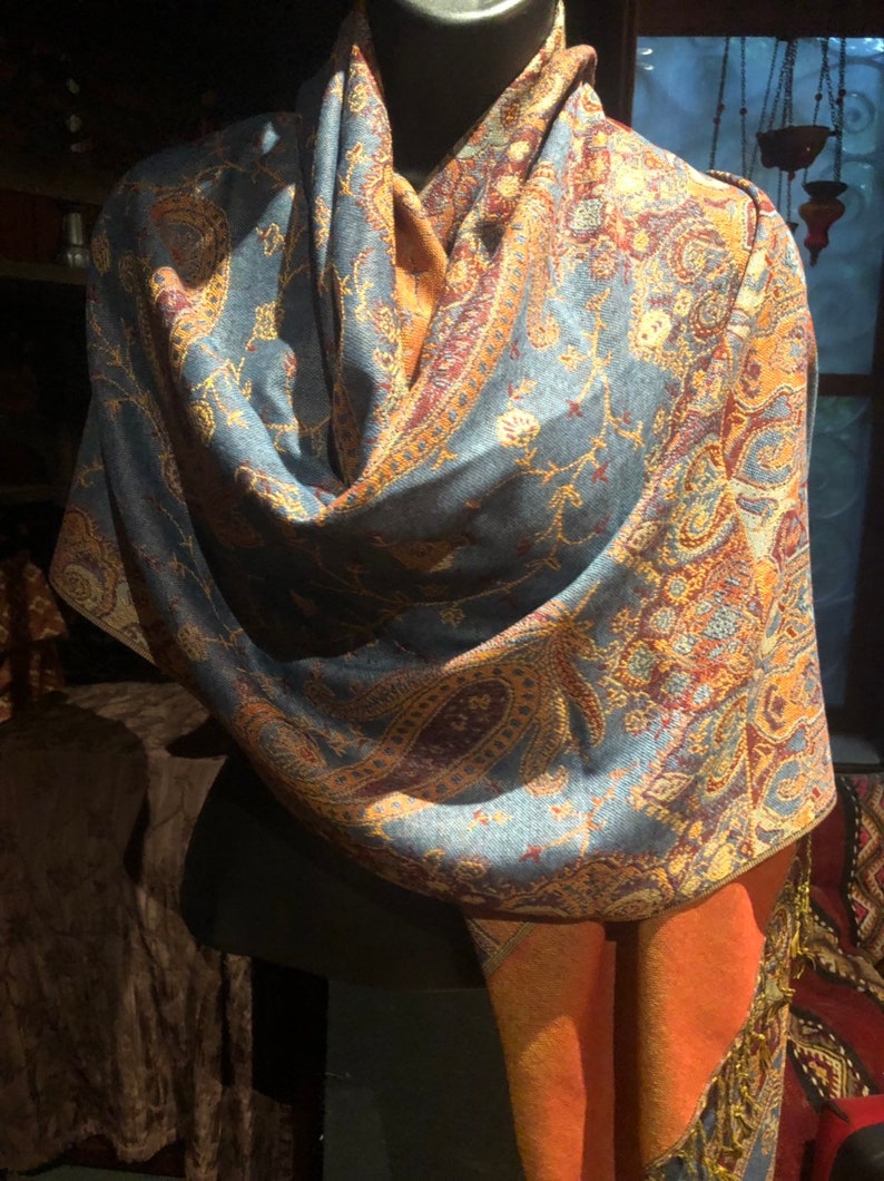 Blue Orange Vintage Paisley Brocade Pashmina Scarf Wrap Shawl image 1