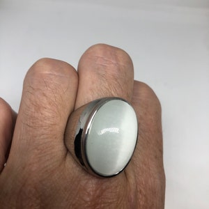 Vintage White Cats Eye Glass Mens Ring Stainless Steel