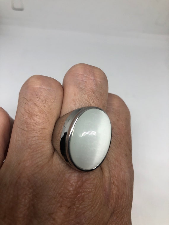 Vintage White Cats Eye Glass Mens Ring Stainless S