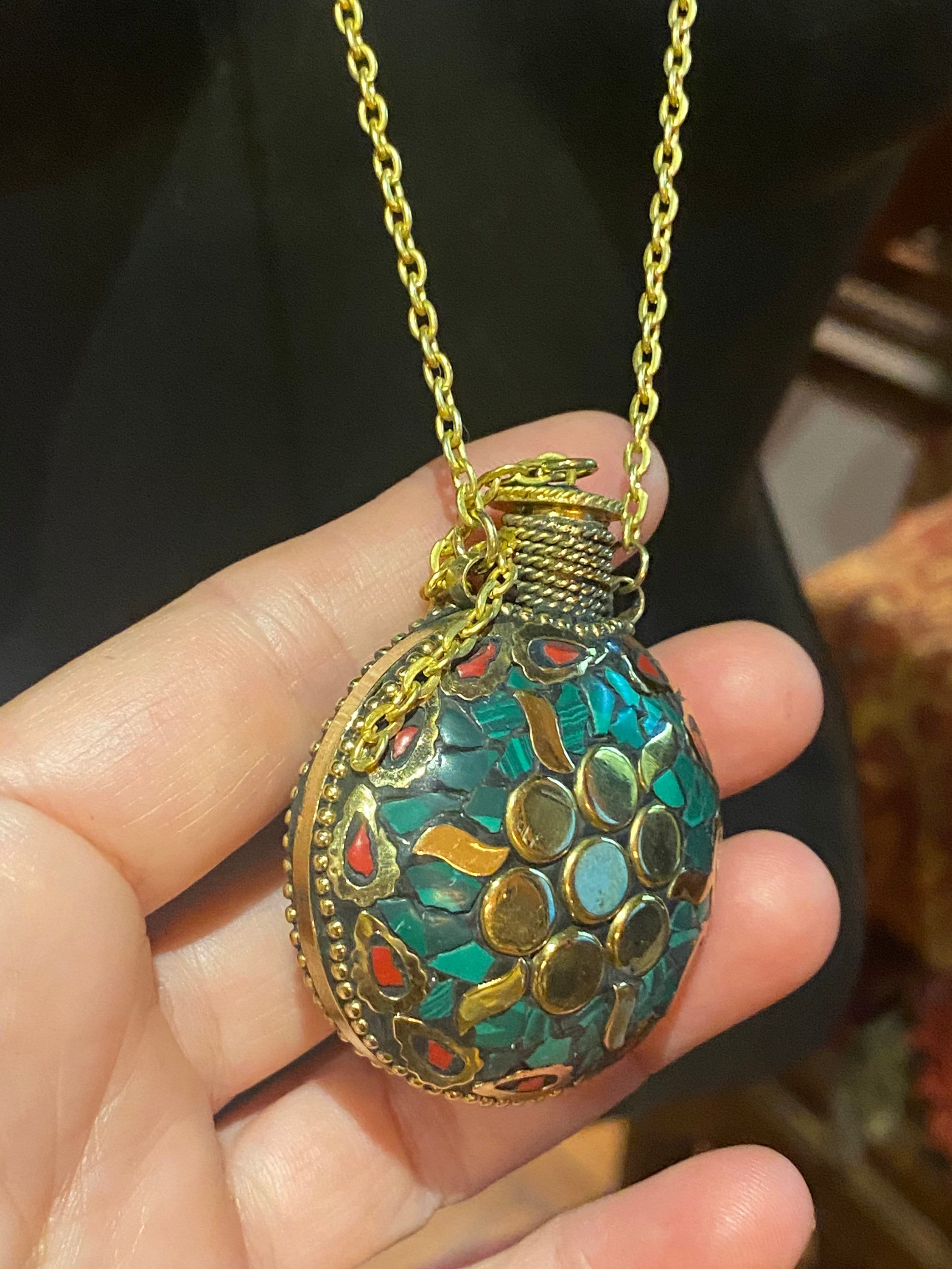 Vintage Perfume Oil Bottle Mosaic Inlay Gemstone Pendant