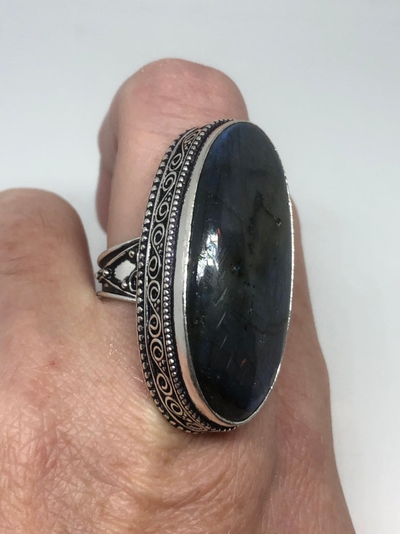 Vintage Large Labradorite Rainbow Moonstone stone silver ring