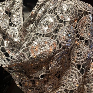 Vintage Styled Sheer Silver Flower Sequined Embroidered Wrap Shawl